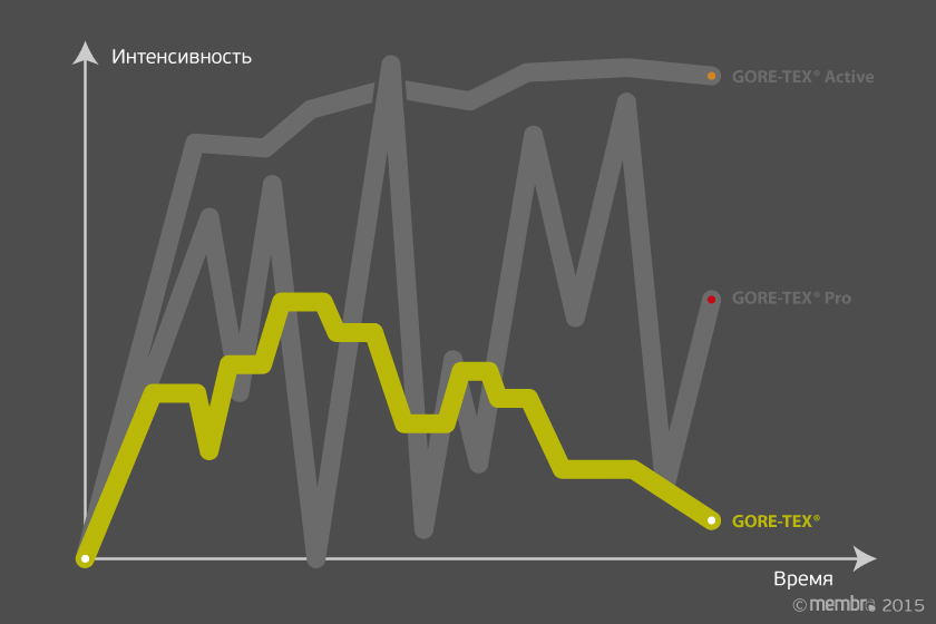 Оптимальная интенсивность и продолжительность нагрузок для класса GORE-TEX® в сравнении с GORE-TEX® Active и GORE-TEX® Pro Оптимальная интенсивность и продолжительность нагрузок для класса GORE-TEX® в сравнении с GORE-TEX® Active и GORE-TEX® Pro