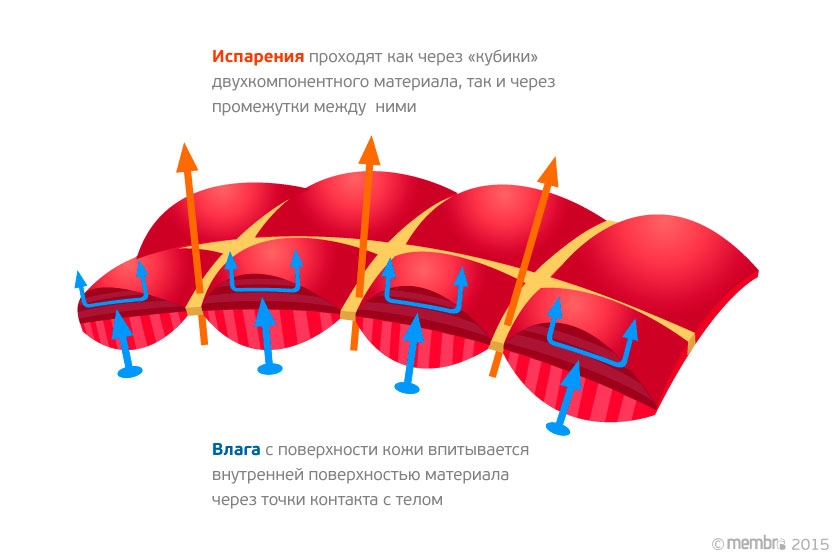 Транспортировка влаги и испарений через сетчатую структуру материала Polartec® Power Grid™ Транспортировка влаги и испарений через сетчатую структуру материала Polartec® Power Grid™