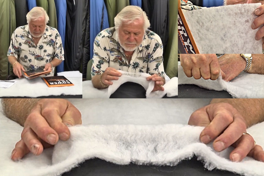 Джерри Вигутов демонстрирует образец Polartec® Power Fill™ и рассказывает о своих впечатлениях Джерри Вигутов демонстрирует образец Polartec® Power Fill™ и рассказывает о своих впечатлениях